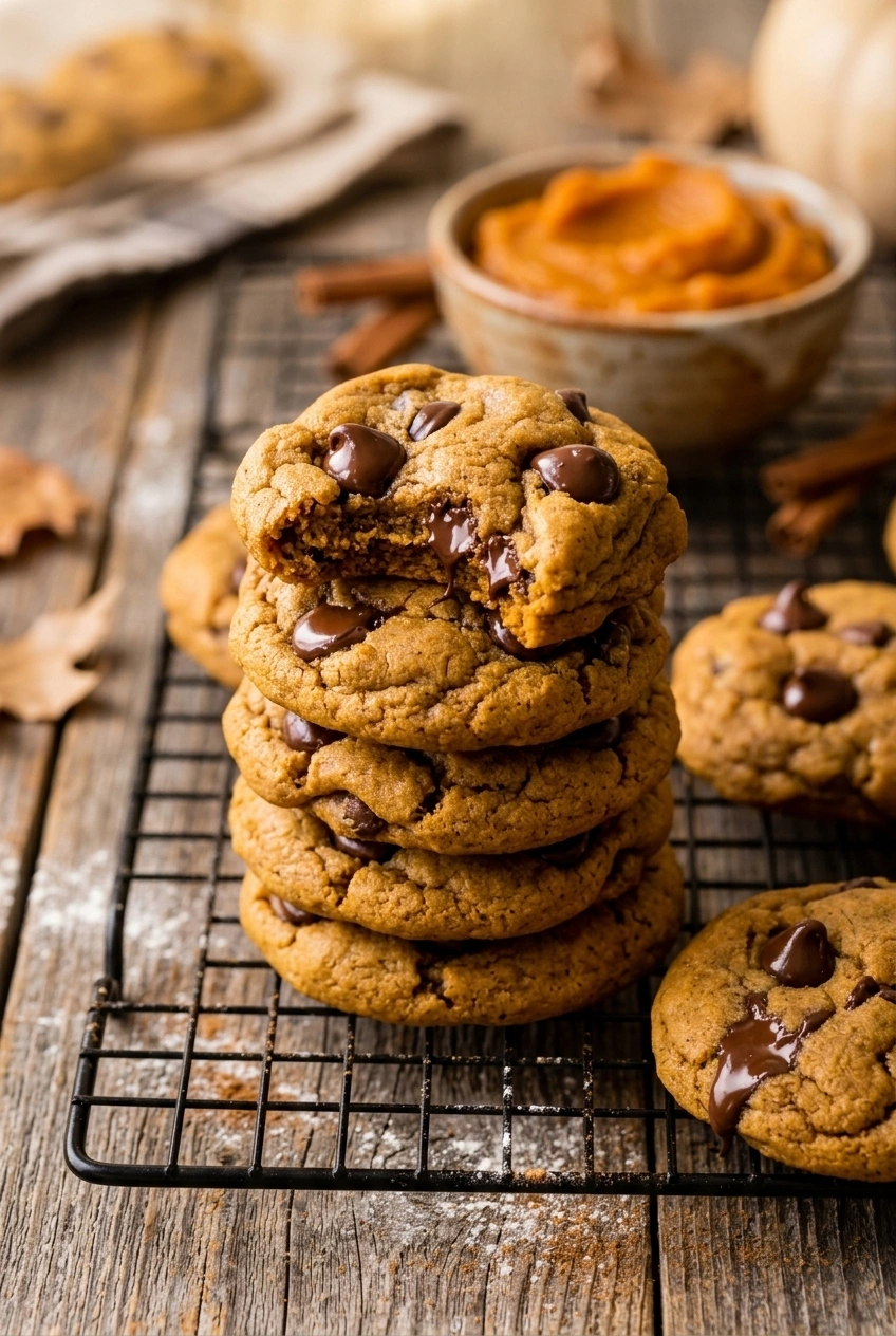 A stack of soft pumpkin chocolate chip cookies on a cooling rack, melty chocolate visible, warm fall lighting, with a small bowl of pumpkin puree in the background.