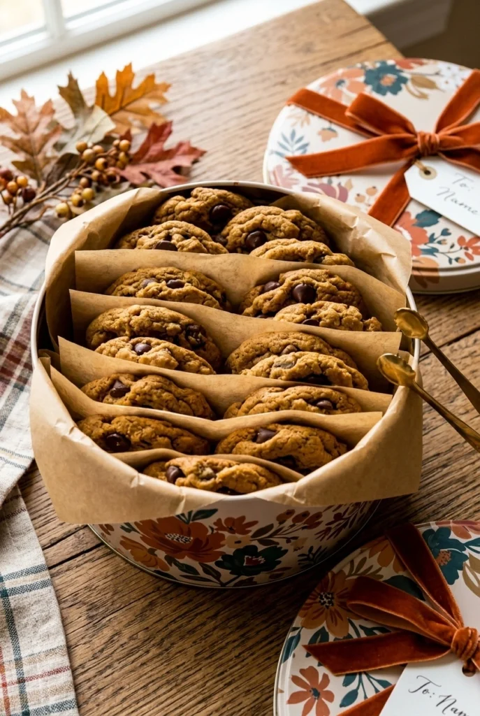 Pumpkin chocolate chip cookies packed neatly in a gift tin with parchment paper between layers, ready for gifting.