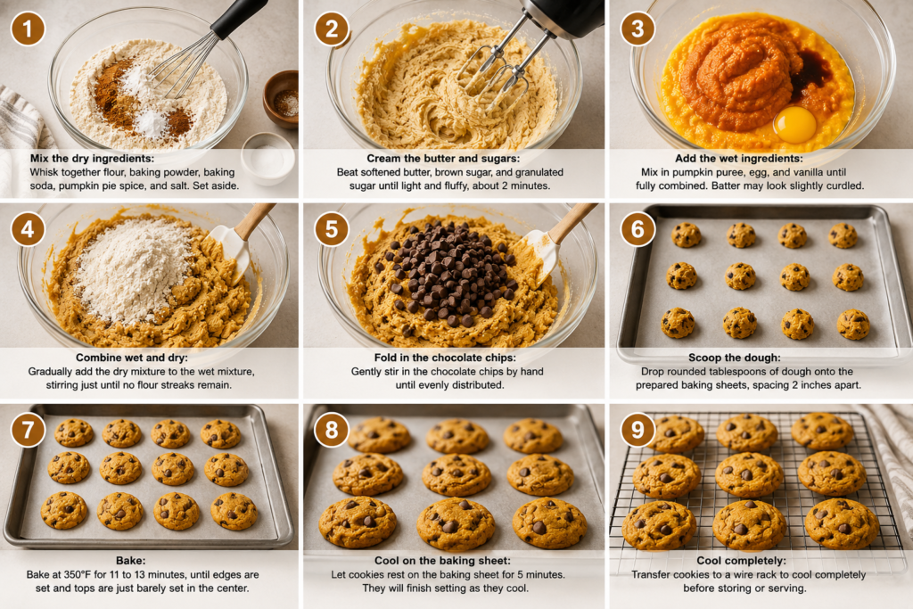 Step-by-step process shot showing pumpkin cookie dough being scooped onto a parchment-lined baking sheet.
