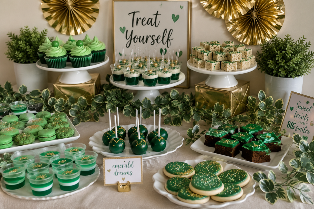Casual, budget dessert table with dollar-store risers, gold foil accents, faux greenery garland, playful arrangement