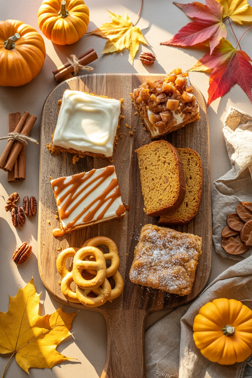 An overhead flat-lay of five fall desserts — pumpkin bars, a slice of caramel apple cake, cinnamon sugar pretzel bites, pumpkin bread, and cranberry orange shortbread cookies — arranged on a rustic wood board with cinnamon sticks and mini pumpkins scattered between them