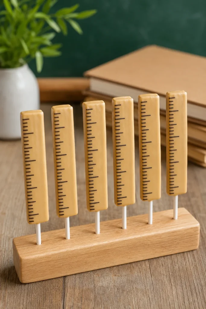 Tan elongated cake pop with black tick marks styled as a ruler