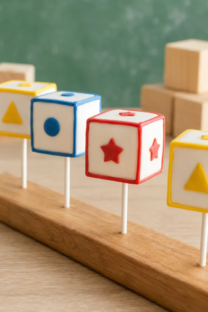 White cube-shaped cake pop hand-painted with a red letter A, styled as an alphabet block
