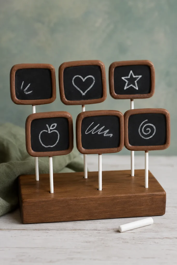 Black round cake pop with a brown frame border and a white chalk-style doodle