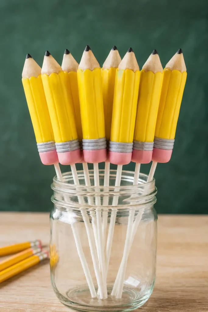 Pencil-shaped cake pops with yellow bodies, pink erasers, and pointed tips standing in a mason jar