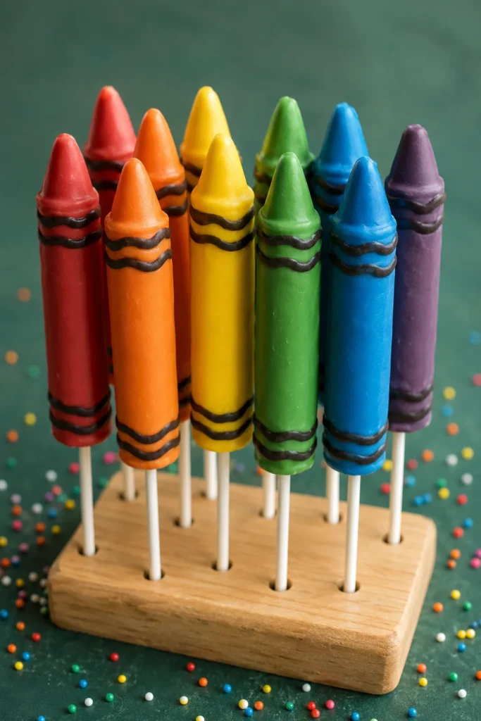 Rainbow crayon-shaped cake pops wrapped partway in paper crayon labels