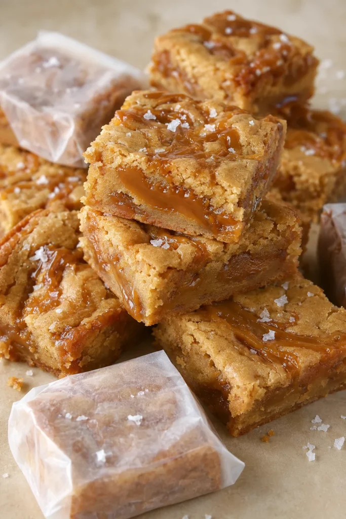 Thick, golden blondies with a swirl of caramel visible through the cut edge and a sprinkle of flaky salt on top, wrapped individually in wax paper