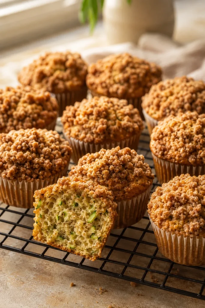 A batch of muffins with a crumbly golden streusel topping, one muffin cut in half showing flecks of shredded zucchini throughout a moist crumb