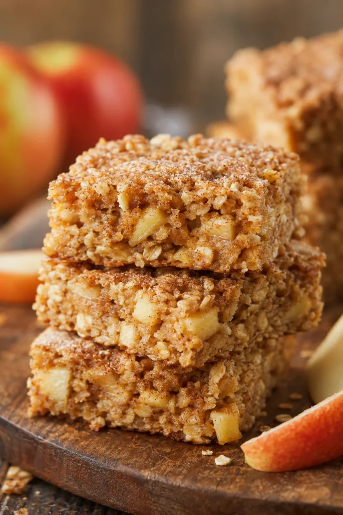 Thick, hearty oatmeal bars studded with diced apple and a cinnamon-sugar top, cut into squares on a wooden board