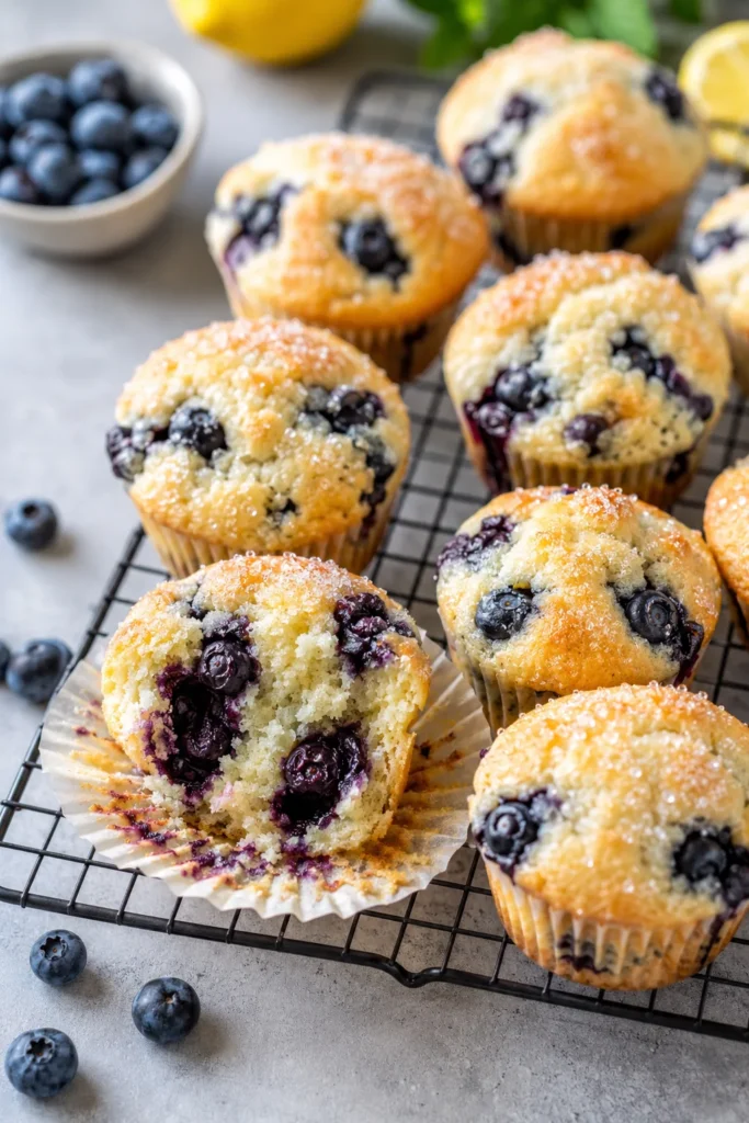 Pale yellow muffins bursting with blueberries, tops slightly cracked and sugared, cooling on a wire rack