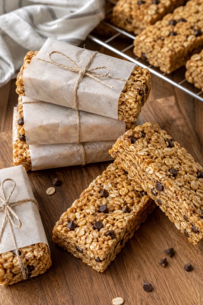 Thick, chewy granola bars wrapped in parchment paper and twine, cut into rectangles, oats and a few chocolate chips visible on the surface