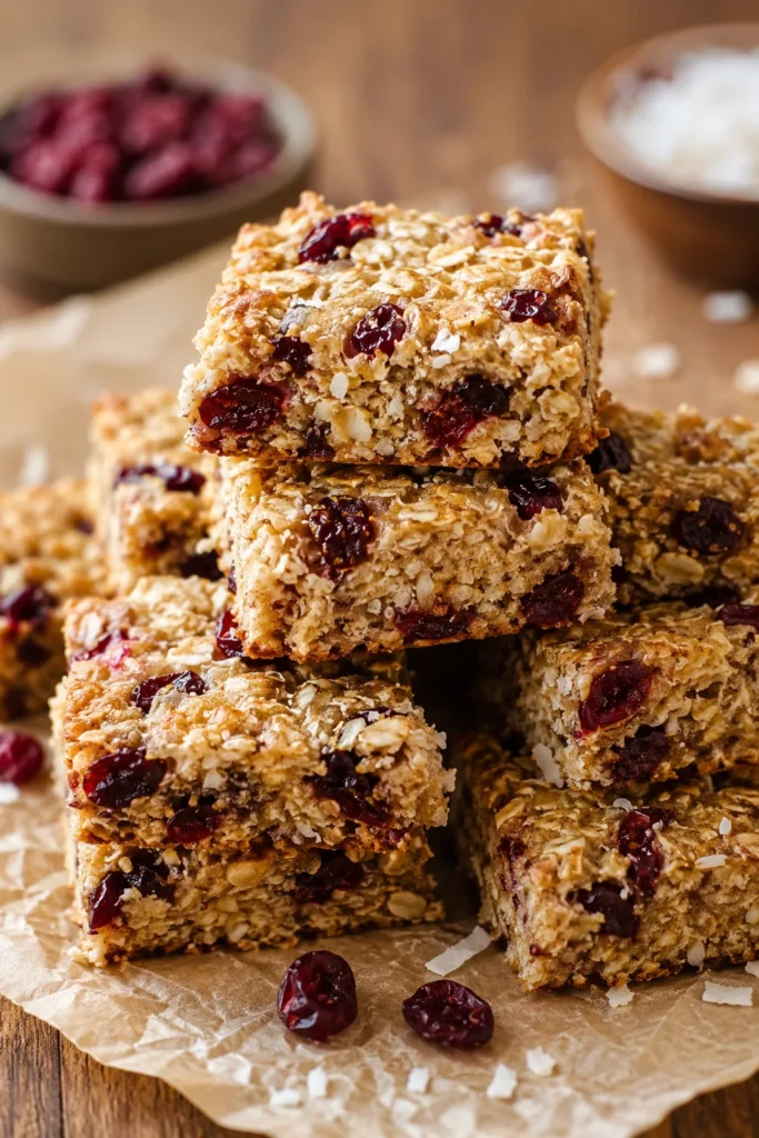 A stack of golden oat bars studded with dried cranberries and shredded coconut, cut into neat squares on parchment paper