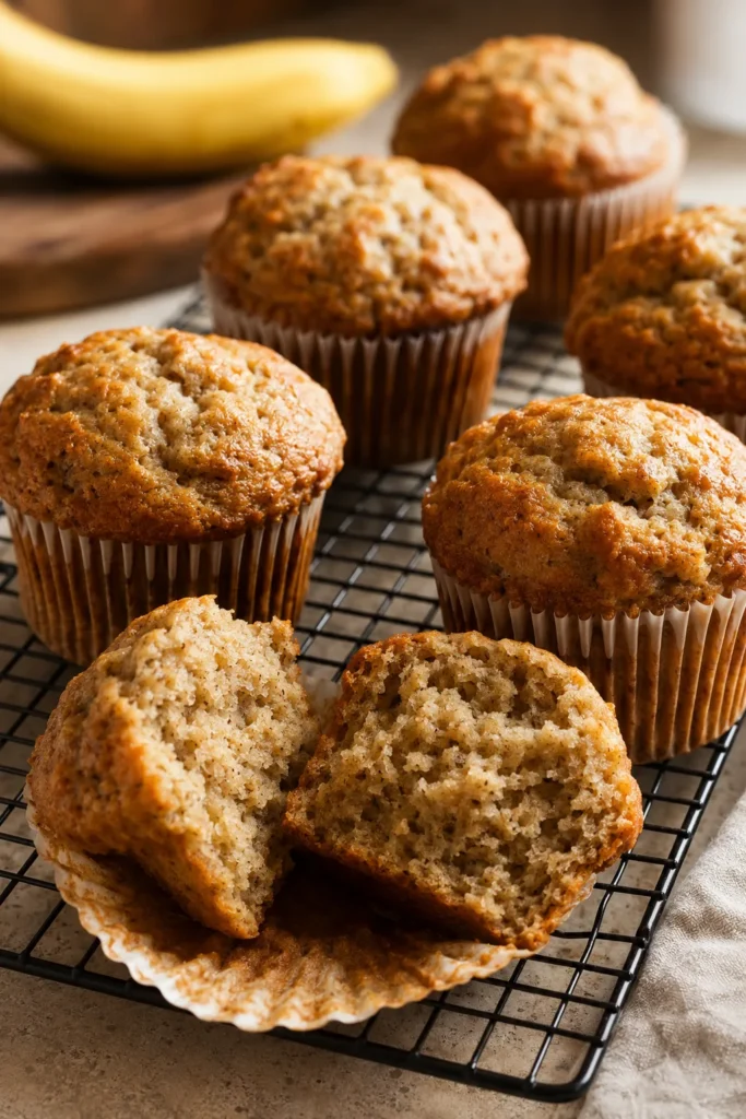 A batch of tall, domed banana muffins in paper liners, one split open to show a moist, tender crumb