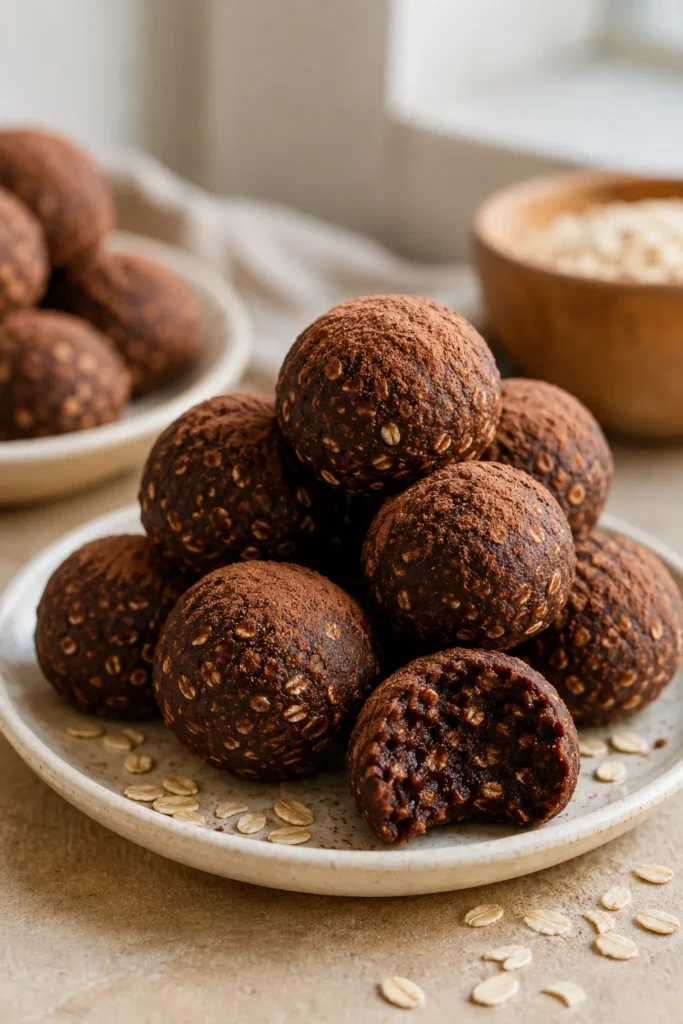 A pile of small, round energy bites rolled in cocoa powder, glossy and slightly dense, on a small plate with a few oats scattered around