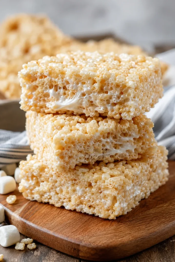 Thick squares of golden rice cereal treats, gooey marshmallow visible at the cut edges, stacked on a cutting board