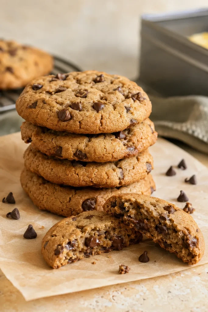A stack of golden-brown cookies with visible chocolate chips and a slightly cracked top, one broken in half showing a soft, gooey center