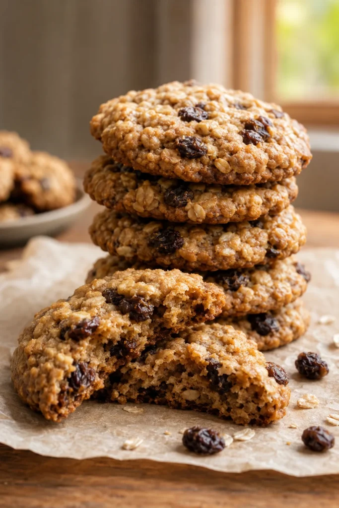 A stack of thick, golden oatmeal cookies with visible oats and raisins, one broken in half showing a soft, chewy interior
