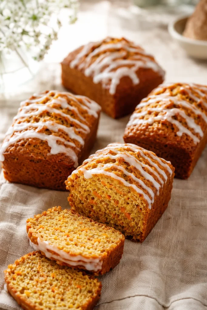 Small individual loaf cakes with a thin white glaze drizzled on top, flecks of shredded carrot visible along the cut edge