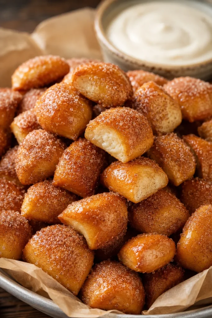 A pile of glossy, golden-brown pretzel bites dusted generously in cinnamon sugar, a small bowl of dip in the background