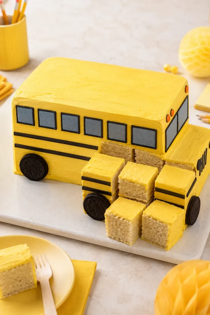 A rectangular sheet cake frosted in bright yellow buttercream and decorated with black stripe accents and simple round wheels, resembling a school bus, cut into squares