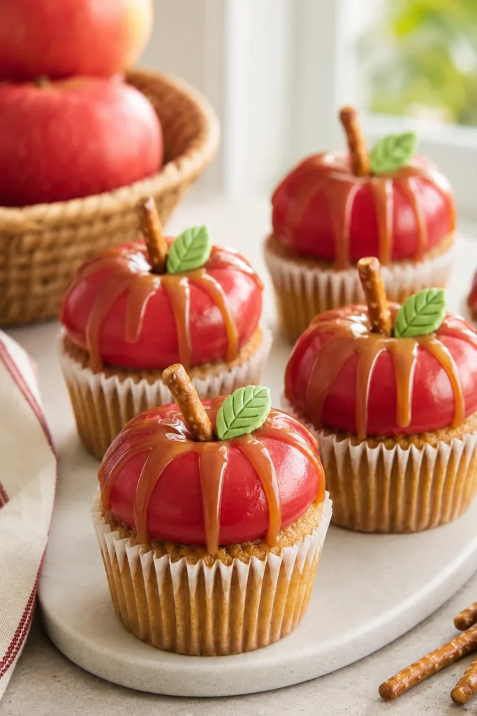 Round cupcakes frosted in red buttercream shaped to look like apples, each with a small pretzel stick