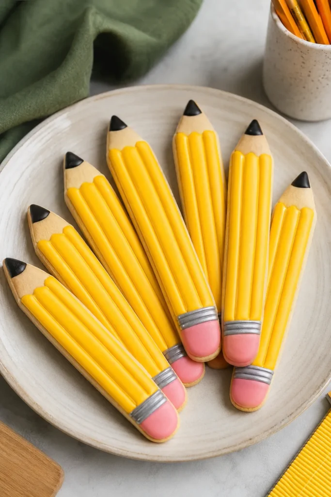 Long, narrow sugar cookies decorated to look like pencils — yellow bodies, pink erasers, silver tips, arranged fanned out on a plate