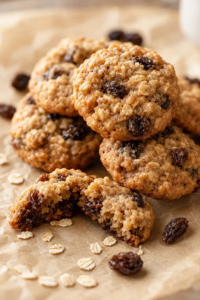 Small chewy oatmeal raisin cookie bites stacked with golden edges