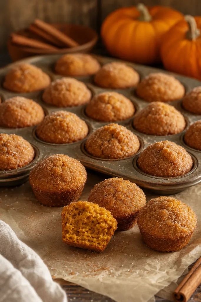 Pumpkin spice mini muffins dusted with cinnamon sugar arranged in rows