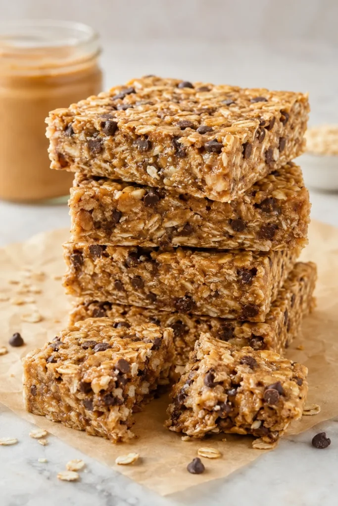 Stack of no-bake sunbutter granola bars with one broken in half showing chewy oat texture and mini chocolate chips