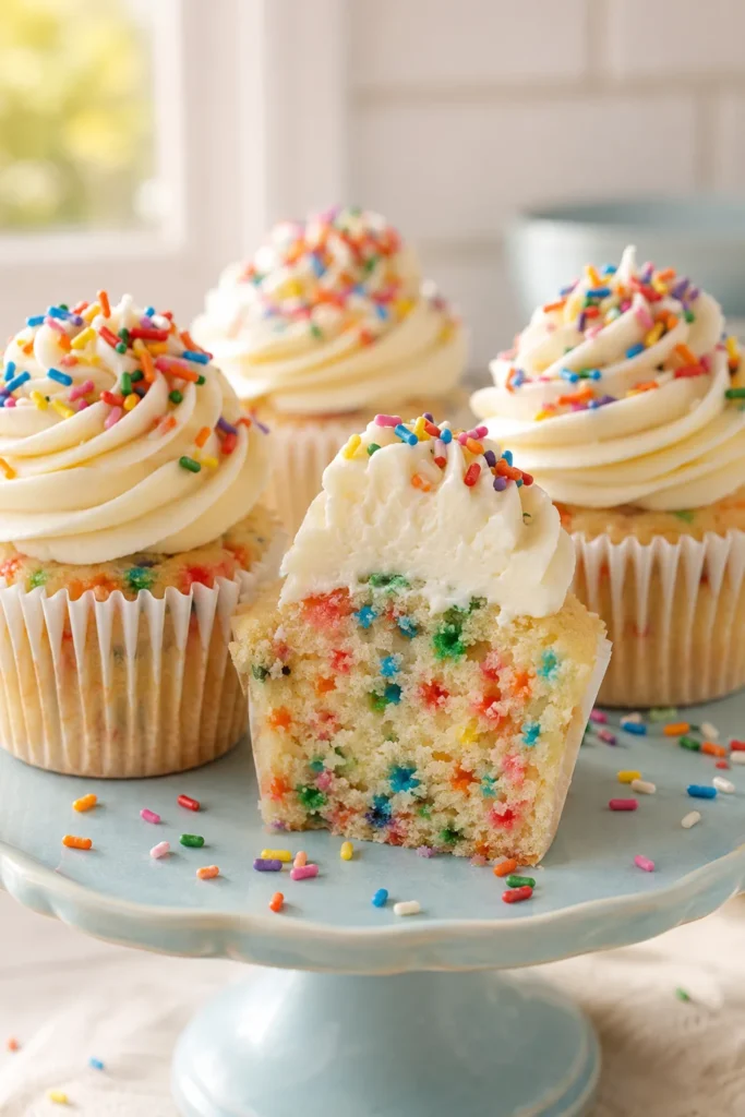 Confetti first-day-of-school cupcakes topped with buttercream swirls and rainbow sprinkles