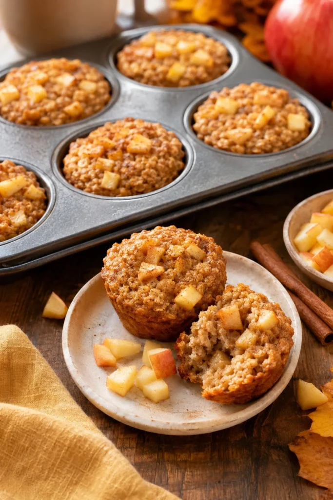 Apple cinnamon baked oatmeal cups in a muffin tin with one lifted out showing a custardy interior
