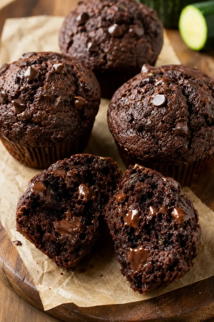 Double chocolate zucchini muffins split open showing a moist, fudgy crumb