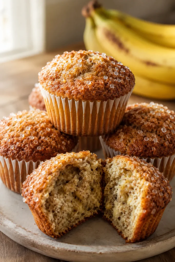 Banana bread muffins with a crackly sugared top and moist banana-flecked crumb