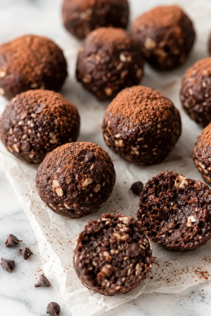 Fudgy no-bake sunbutter chocolate energy bites dusted with cocoa powder