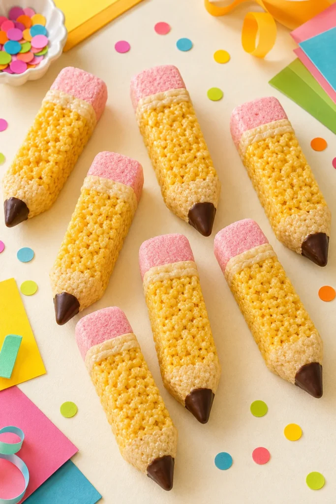 Rice krispie treats shaped into school pencils with yellow, pink, and chocolate details