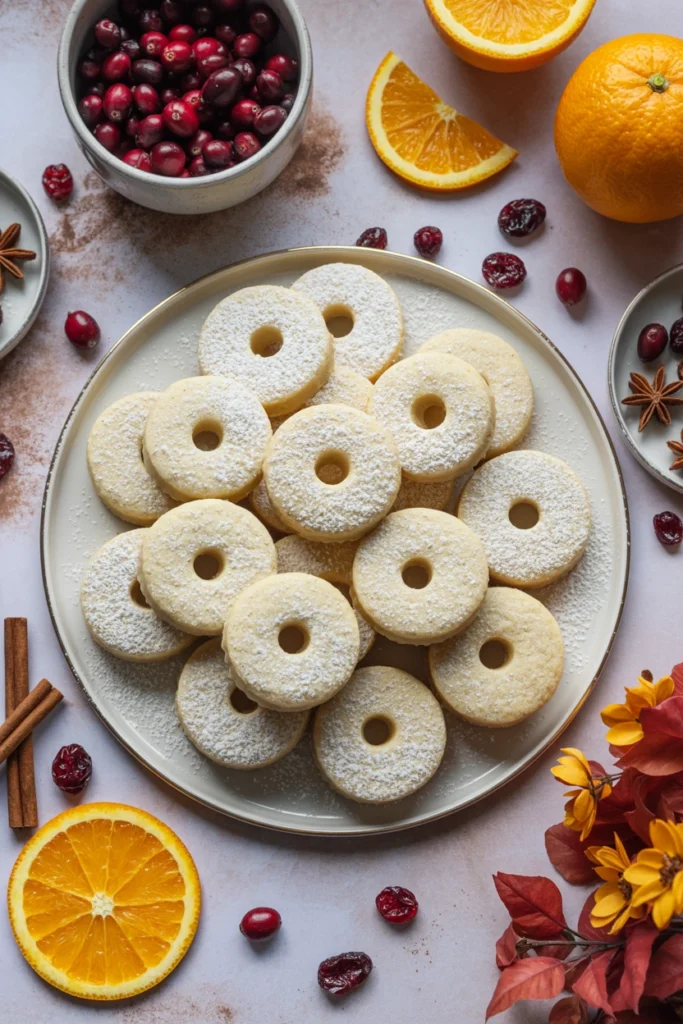 Cranberry orange shortbread cookies dusted with powdered sugar