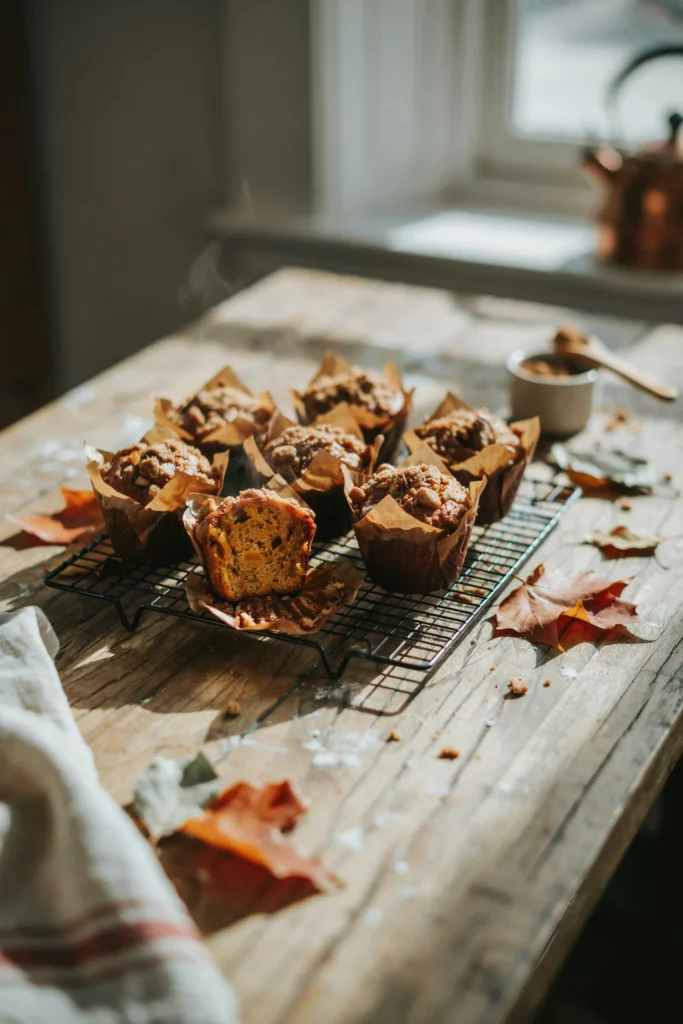 Streusel-topped pumpkin muffins in paper liners with golden cinnamon crumb topping