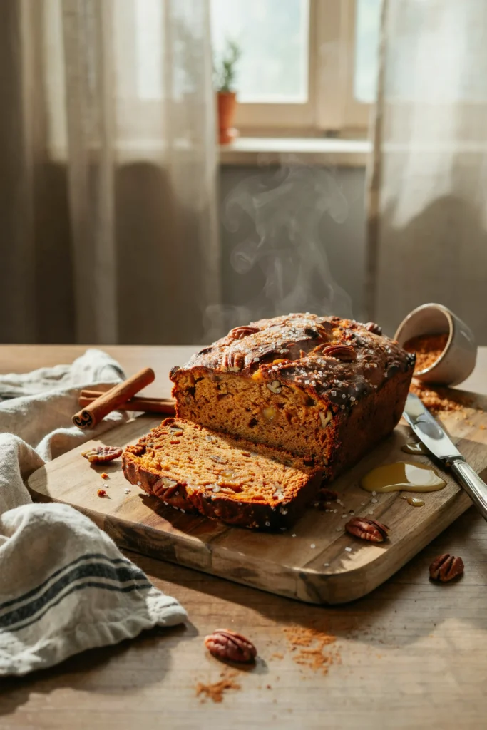 Sliced classic pumpkin bread on a wooden cutting board showing a moist spiced crumb