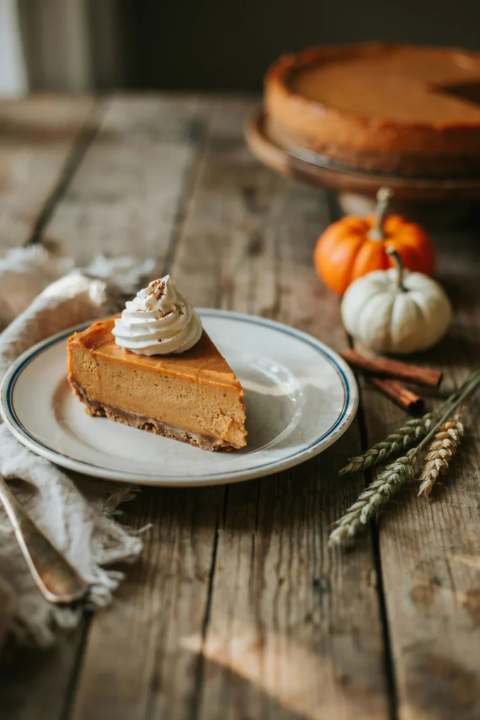 Slice of no-bake pumpkin pie with fluffy filling in a graham cracker crust