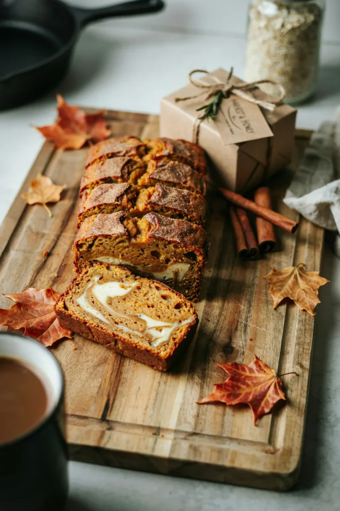 Mini pumpkin loaves sliced open showing a marbled cream cheese swirl
