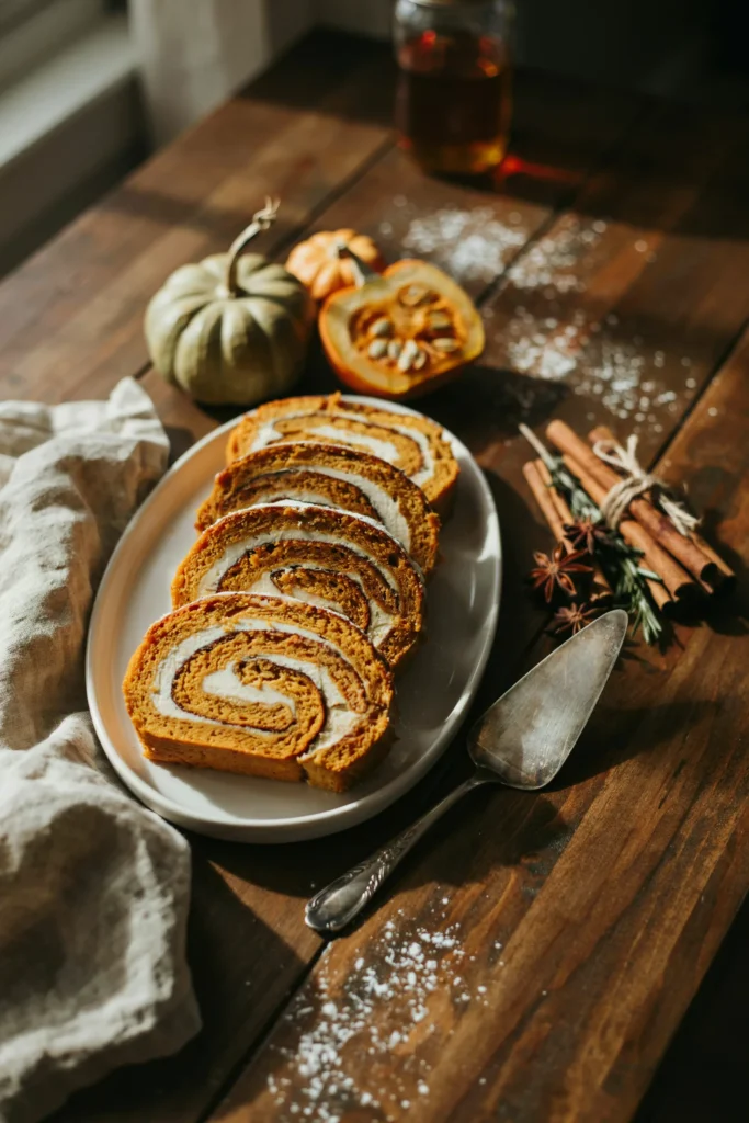 Sliced pumpkin roll with cream cheese filling swirl on a white platter