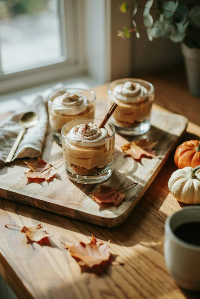 No-bake pumpkin spice parfait cups layered with mousse and graham cracker crumbs