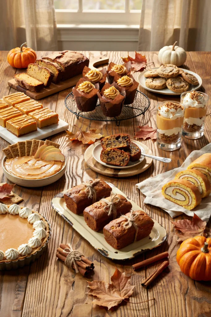 Pumpkin bars with cream cheese frosting cut into squares on a sheet pan