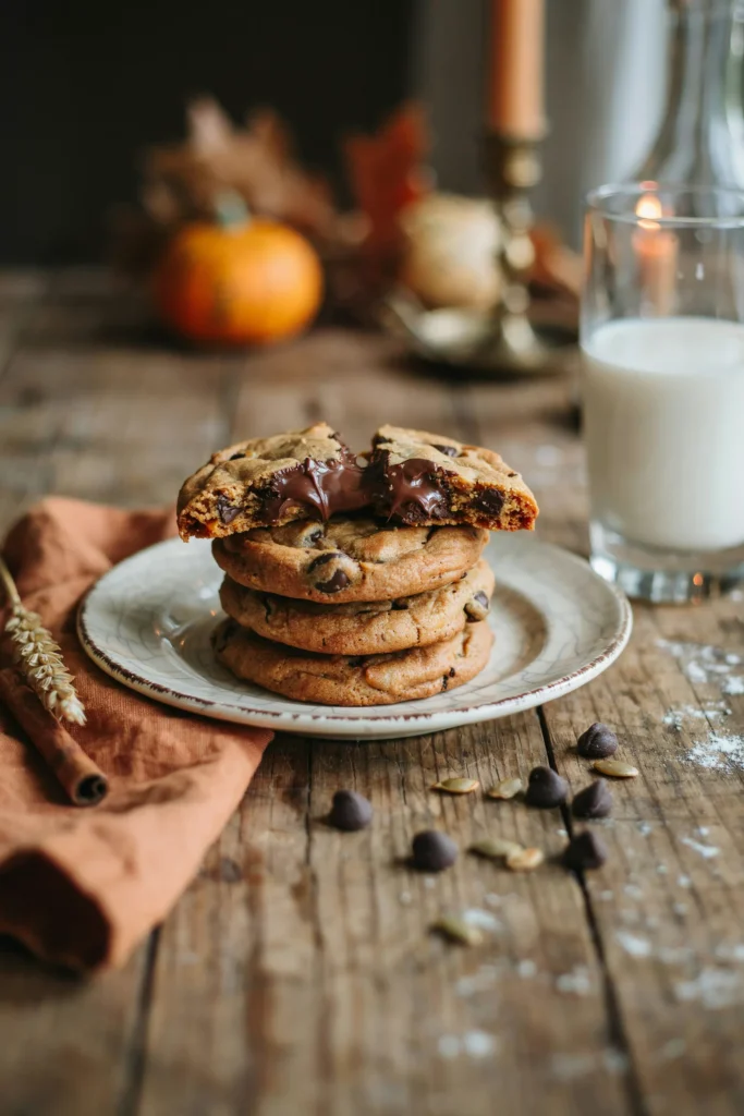 Stack of chewy pumpkin chocolate chip cookies with melted chocolate chunks