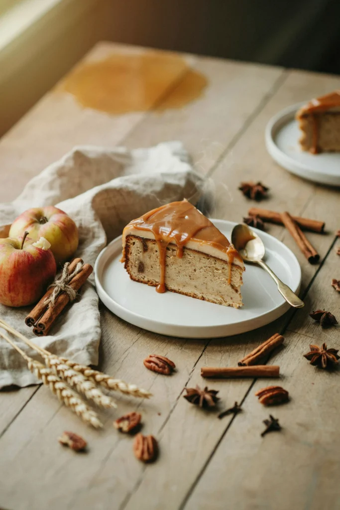 Slice of caramel apple sheet cake with cream cheese frosting and caramel drizzle