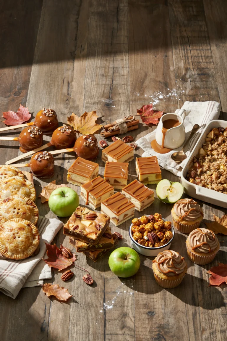 : An overhead flat-lay of several caramel apple desserts arranged together — dipped caramel apples, a slice of caramel apple cheesecake bar, and a bowl of caramel apple crisp — on a rustic wood table with scattered cinnamon sticks and a small pitcher of caramel sauce. Warm, golden lighting, cozy fall mood