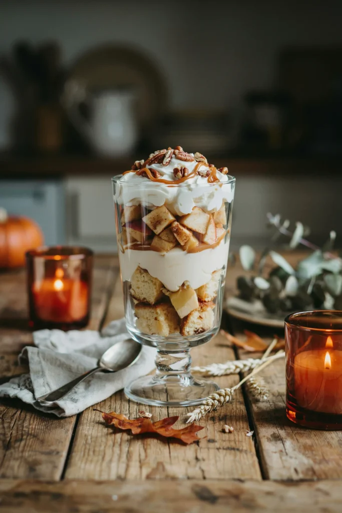 Layered caramel apple trifle in a glass dish topped with whipped cream and pecans