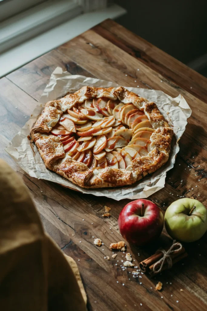Rustic caramel apple galette with folded pastry edges and a caramel drizzle