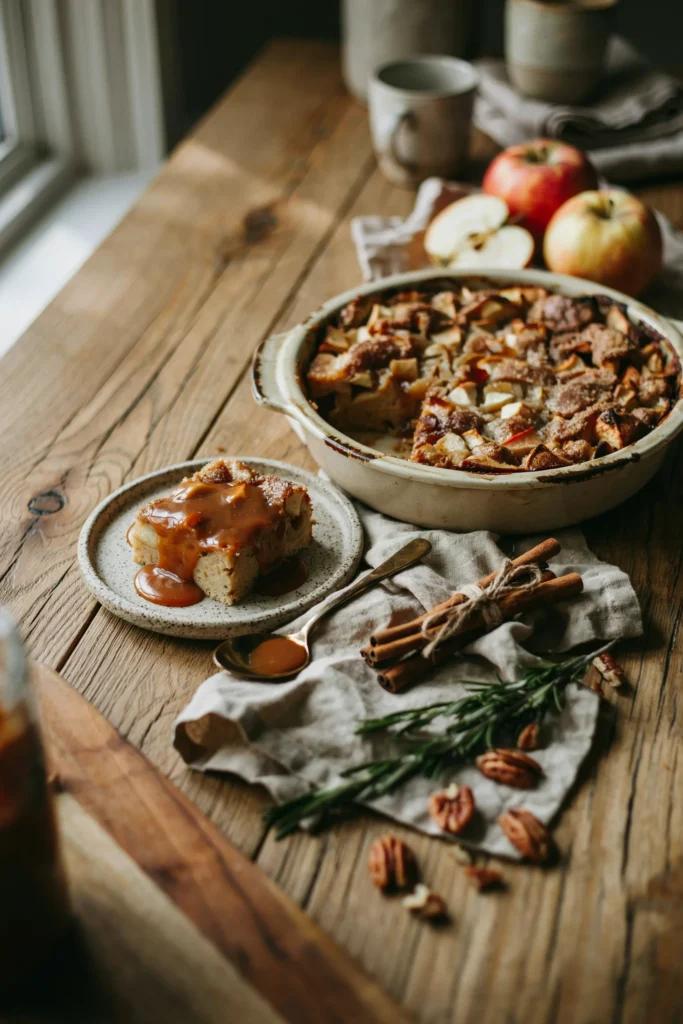 Baking dish of caramel apple bread pudding with a caramel drizzle on top