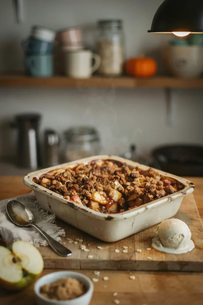 Dish of caramel apple crisp with golden oat streusel topping and a scoop removed